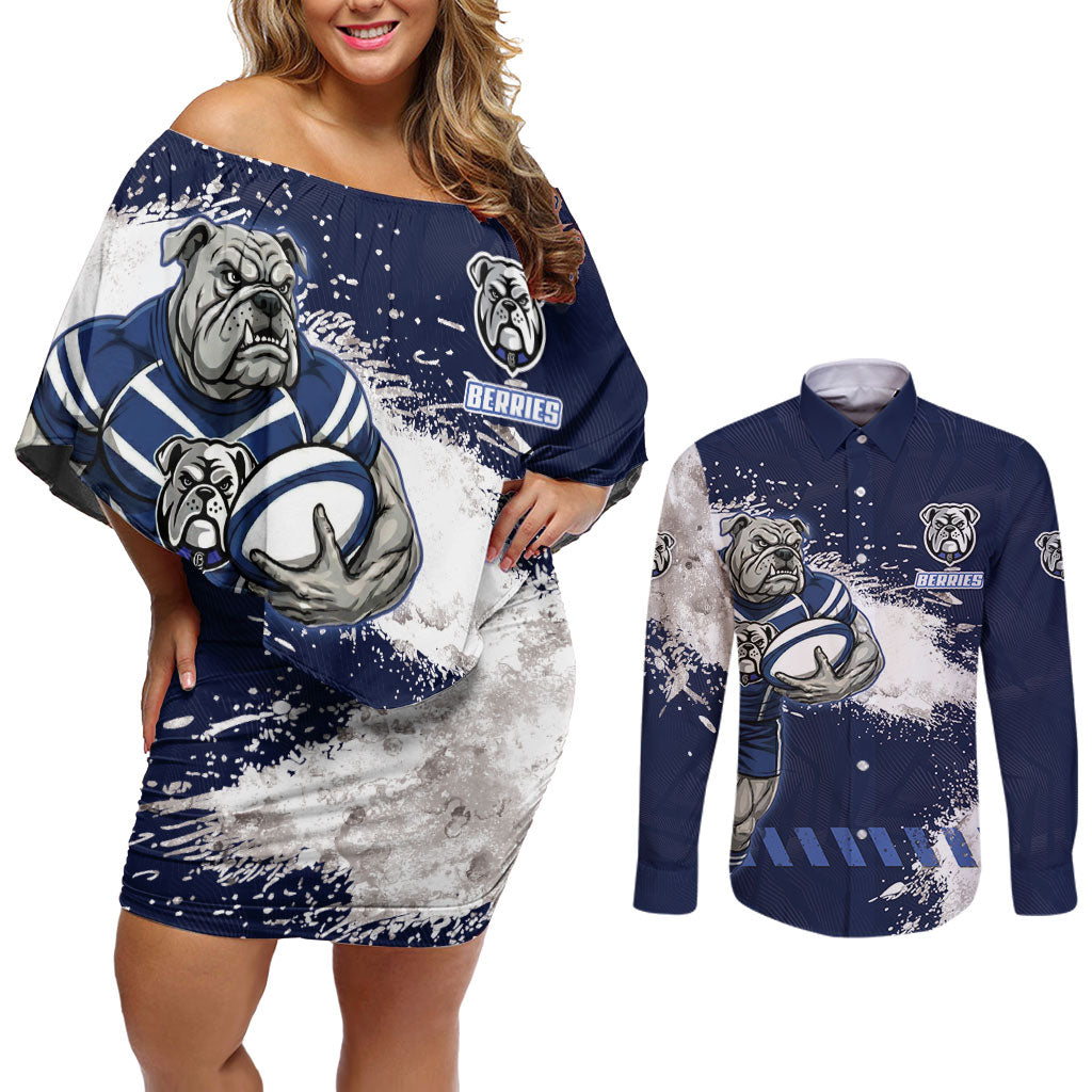 Personalised Canterbury-Bankstown Bulldogs Rugby Couples Matching Off Shoulder Short Dress and Long Sleeve Button Shirt Berries Mascot - Sporty Splash Art Style