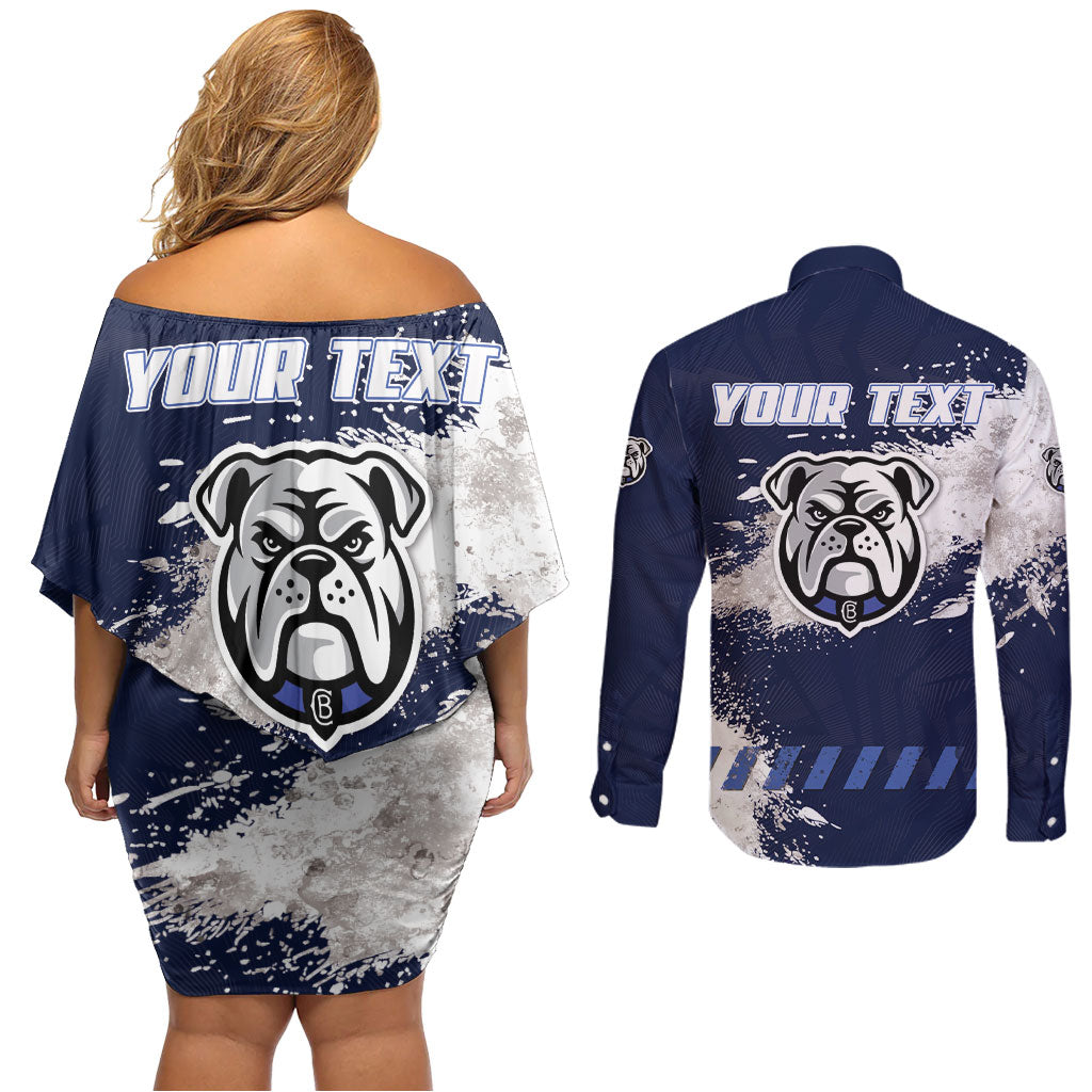 Personalised Canterbury-Bankstown Bulldogs Rugby Couples Matching Off Shoulder Short Dress and Long Sleeve Button Shirt Berries Mascot - Sporty Splash Art Style