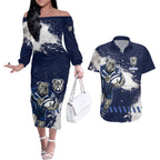 Personalised Canterbury-Bankstown Bulldogs Rugby Couples Matching Off The Shoulder Long Sleeve Dress and Hawaiian Shirt Berries Mascot - Sporty Splash Art Style