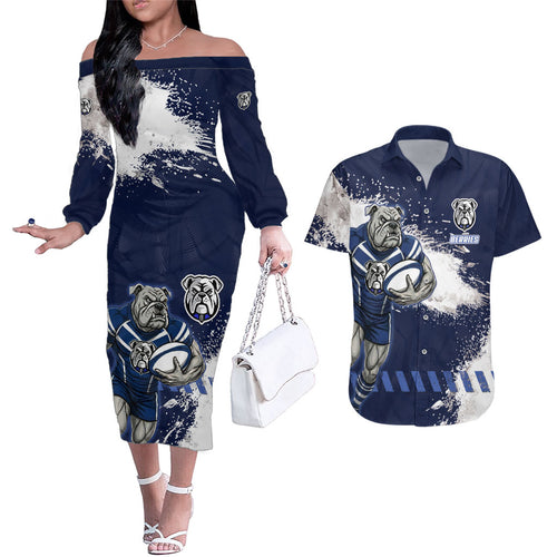 Personalised Canterbury-Bankstown Bulldogs Rugby Couples Matching Off The Shoulder Long Sleeve Dress and Hawaiian Shirt Berries Mascot - Sporty Splash Art Style