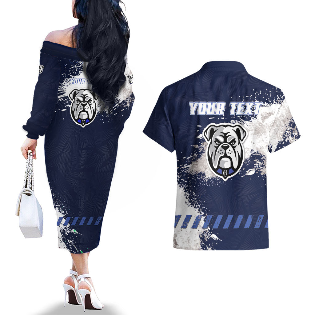 Personalised Canterbury-Bankstown Bulldogs Rugby Couples Matching Off The Shoulder Long Sleeve Dress and Hawaiian Shirt Berries Mascot - Sporty Splash Art Style