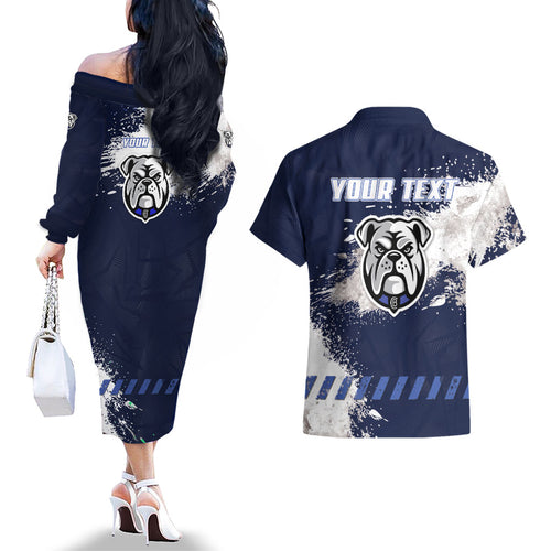 Personalised Canterbury-Bankstown Bulldogs Rugby Couples Matching Off The Shoulder Long Sleeve Dress and Hawaiian Shirt Berries Mascot - Sporty Splash Art Style