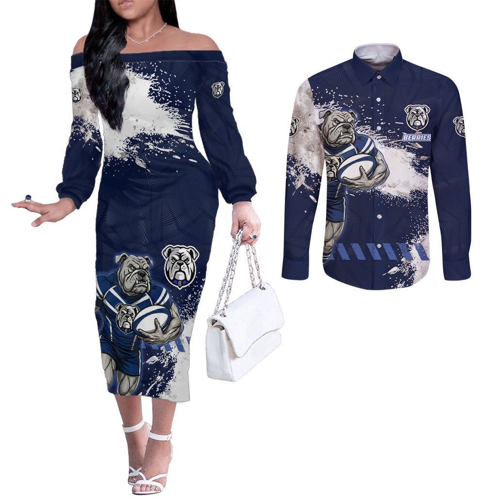 Personalised Canterbury-Bankstown Bulldogs Rugby Couples Matching Off The Shoulder Long Sleeve Dress and Long Sleeve Button Shirt Berries Mascot - Sporty Splash Art Style