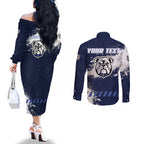 Personalised Canterbury-Bankstown Bulldogs Rugby Couples Matching Off The Shoulder Long Sleeve Dress and Long Sleeve Button Shirt Berries Mascot - Sporty Splash Art Style