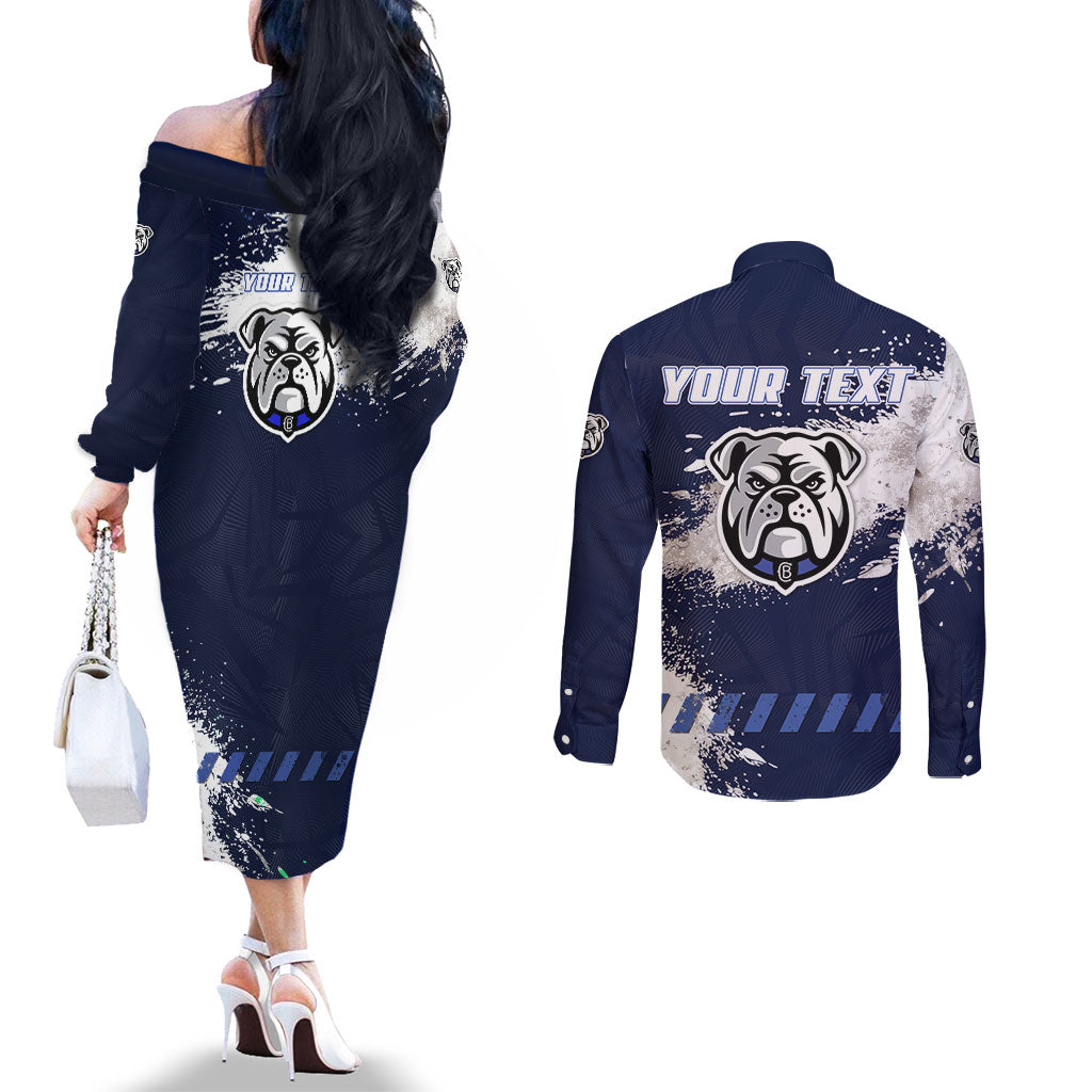 Personalised Canterbury-Bankstown Bulldogs Rugby Couples Matching Off The Shoulder Long Sleeve Dress and Long Sleeve Button Shirt Berries Mascot - Sporty Splash Art Style