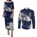 Personalised Canterbury-Bankstown Bulldogs Rugby Couples Matching Puletasi and Long Sleeve Button Shirt Berries Mascot - Sporty Splash Art Style