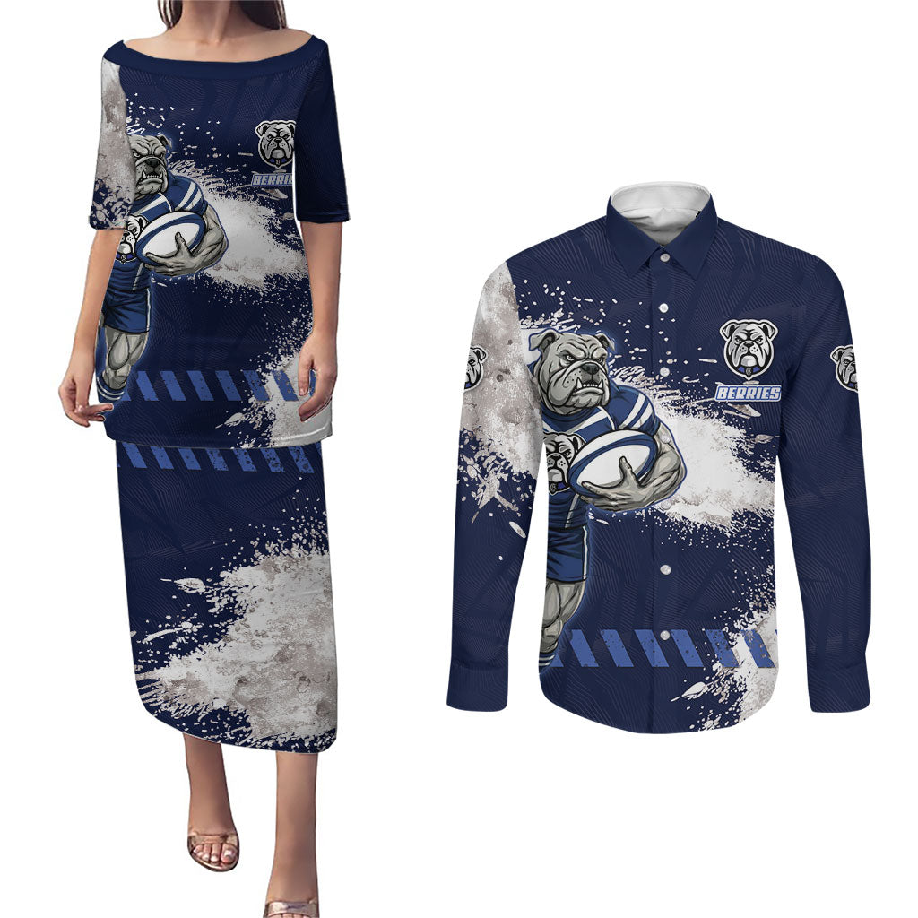 Personalised Canterbury-Bankstown Bulldogs Rugby Couples Matching Puletasi and Long Sleeve Button Shirt Berries Mascot - Sporty Splash Art Style
