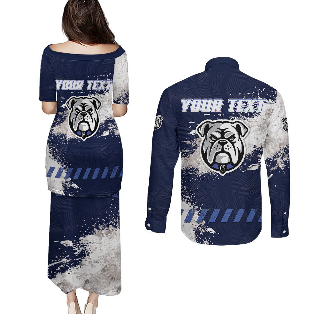 Personalised Canterbury-Bankstown Bulldogs Rugby Couples Matching Puletasi and Long Sleeve Button Shirt Berries Mascot - Sporty Splash Art Style