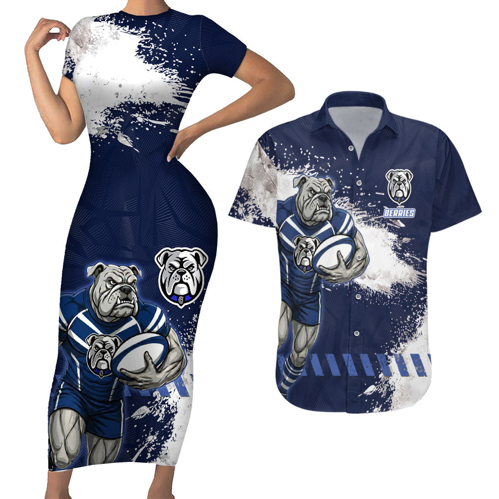 Personalised Canterbury-Bankstown Bulldogs Rugby Couples Matching Short Sleeve Bodycon Dress and Hawaiian Shirt Berries Mascot - Sporty Splash Art Style
