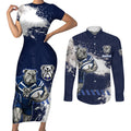 Personalised Canterbury-Bankstown Bulldogs Rugby Couples Matching Short Sleeve Bodycon Dress and Long Sleeve Button Shirt Berries Mascot - Sporty Splash Art Style