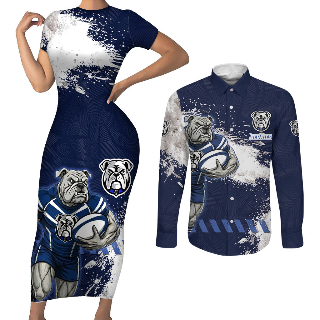 Personalised Canterbury-Bankstown Bulldogs Rugby Couples Matching Short Sleeve Bodycon Dress and Long Sleeve Button Shirt Berries Mascot - Sporty Splash Art Style