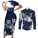 Personalised Canterbury-Bankstown Bulldogs Rugby Couples Matching Short Sleeve Bodycon Dress and Long Sleeve Button Shirt Berries Mascot - Sporty Splash Art Style