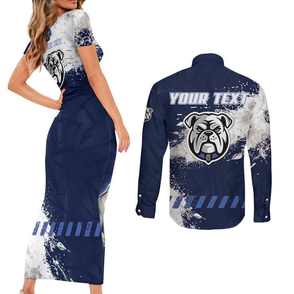 Personalised Canterbury-Bankstown Bulldogs Rugby Couples Matching Short Sleeve Bodycon Dress and Long Sleeve Button Shirt Berries Mascot - Sporty Splash Art Style