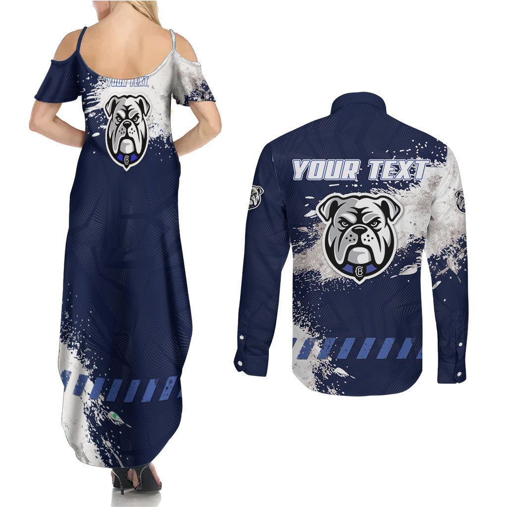Personalised Canterbury-Bankstown Bulldogs Rugby Couples Matching Summer Maxi Dress and Long Sleeve Button Shirt Berries Mascot - Sporty Splash Art Style