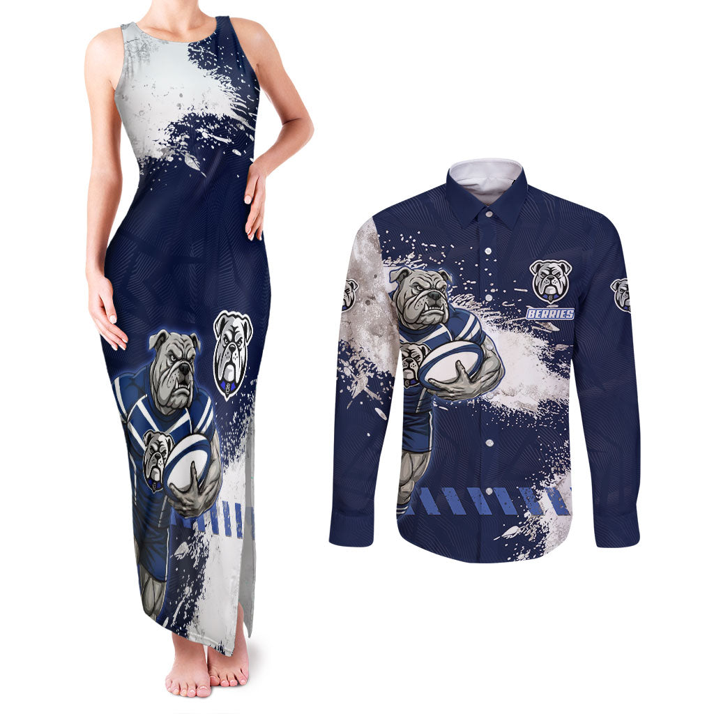 Personalised Canterbury-Bankstown Bulldogs Rugby Couples Matching Tank Maxi Dress and Long Sleeve Button Shirt Berries Mascot - Sporty Splash Art Style