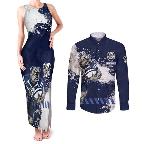Personalised Canterbury-Bankstown Bulldogs Rugby Couples Matching Tank Maxi Dress and Long Sleeve Button Shirt Berries Mascot - Sporty Splash Art Style