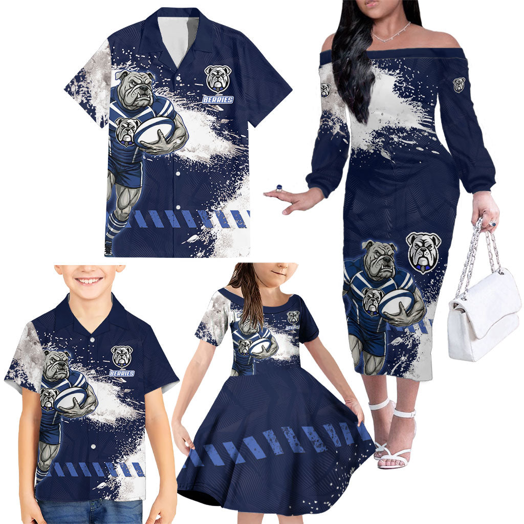 Personalised Canterbury-Bankstown Bulldogs Rugby Family Matching Off The Shoulder Long Sleeve Dress and Hawaiian Shirt Berries Mascot - Sporty Splash Art Style