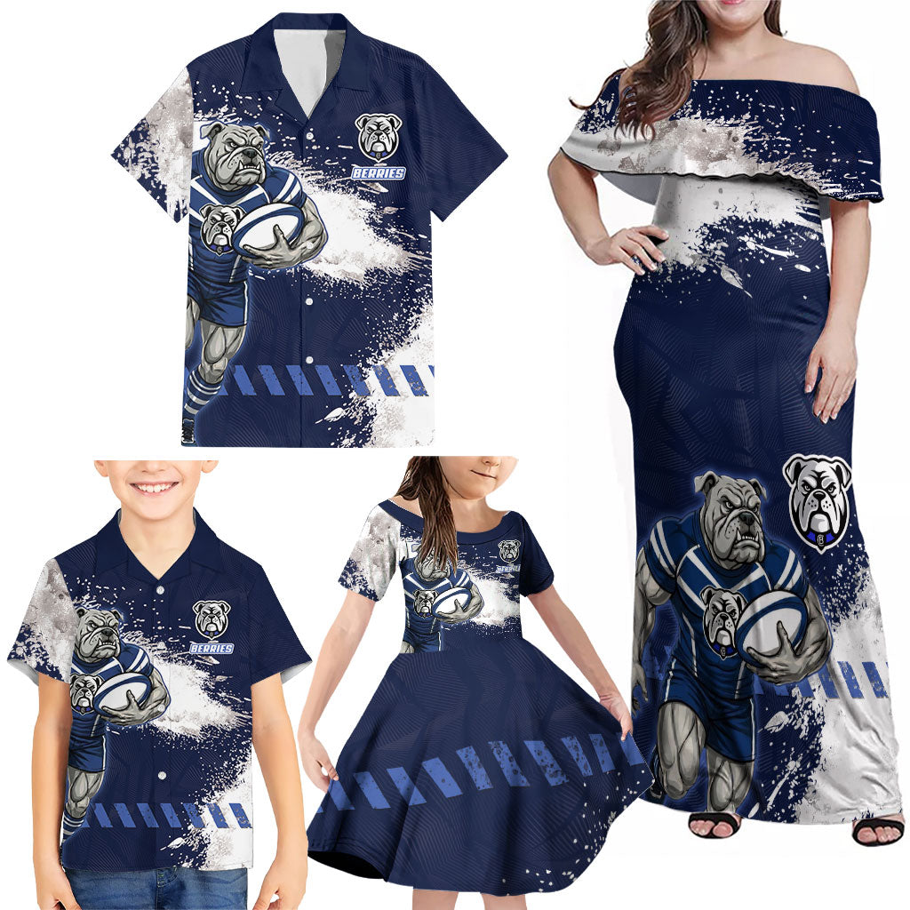 Personalised Canterbury-Bankstown Bulldogs Rugby Family Matching Off Shoulder Maxi Dress and Hawaiian Shirt Berries Mascot - Sporty Splash Art Style