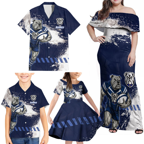 Personalised Canterbury-Bankstown Bulldogs Rugby Family Matching Off Shoulder Maxi Dress and Hawaiian Shirt Berries Mascot - Sporty Splash Art Style