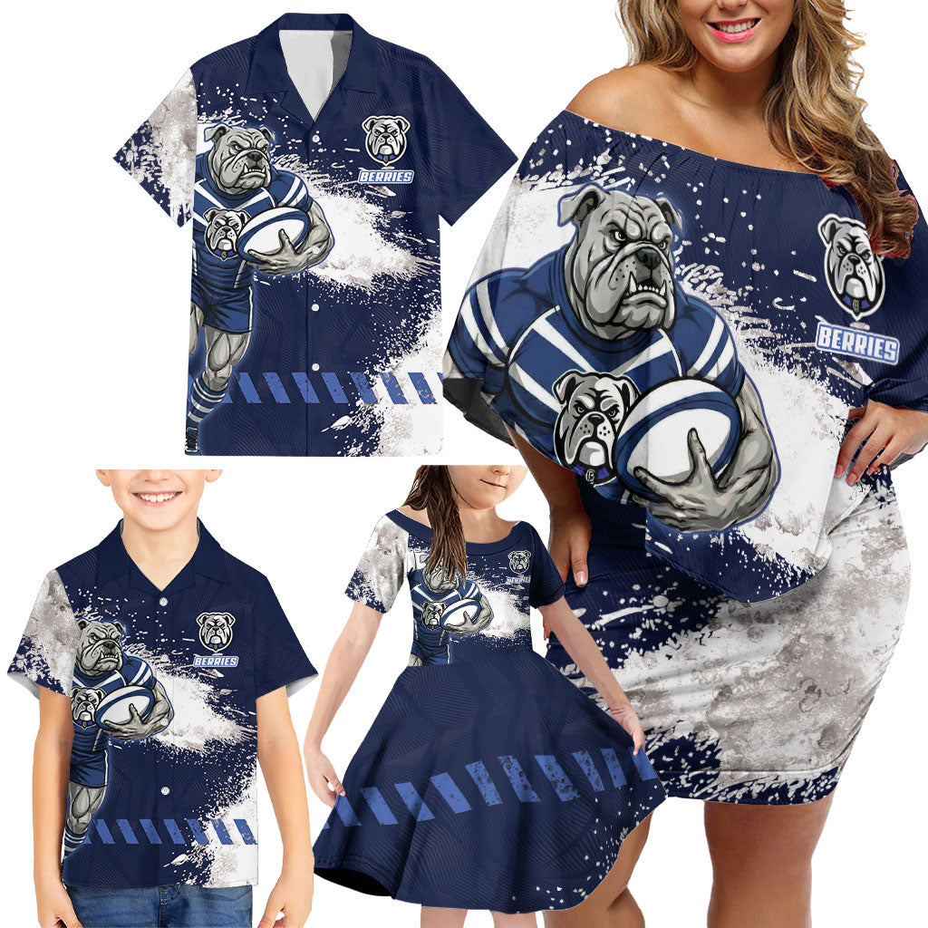 Personalised Canterbury-Bankstown Bulldogs Rugby Family Matching Off Shoulder Short Dress and Hawaiian Shirt Berries Mascot - Sporty Splash Art Style