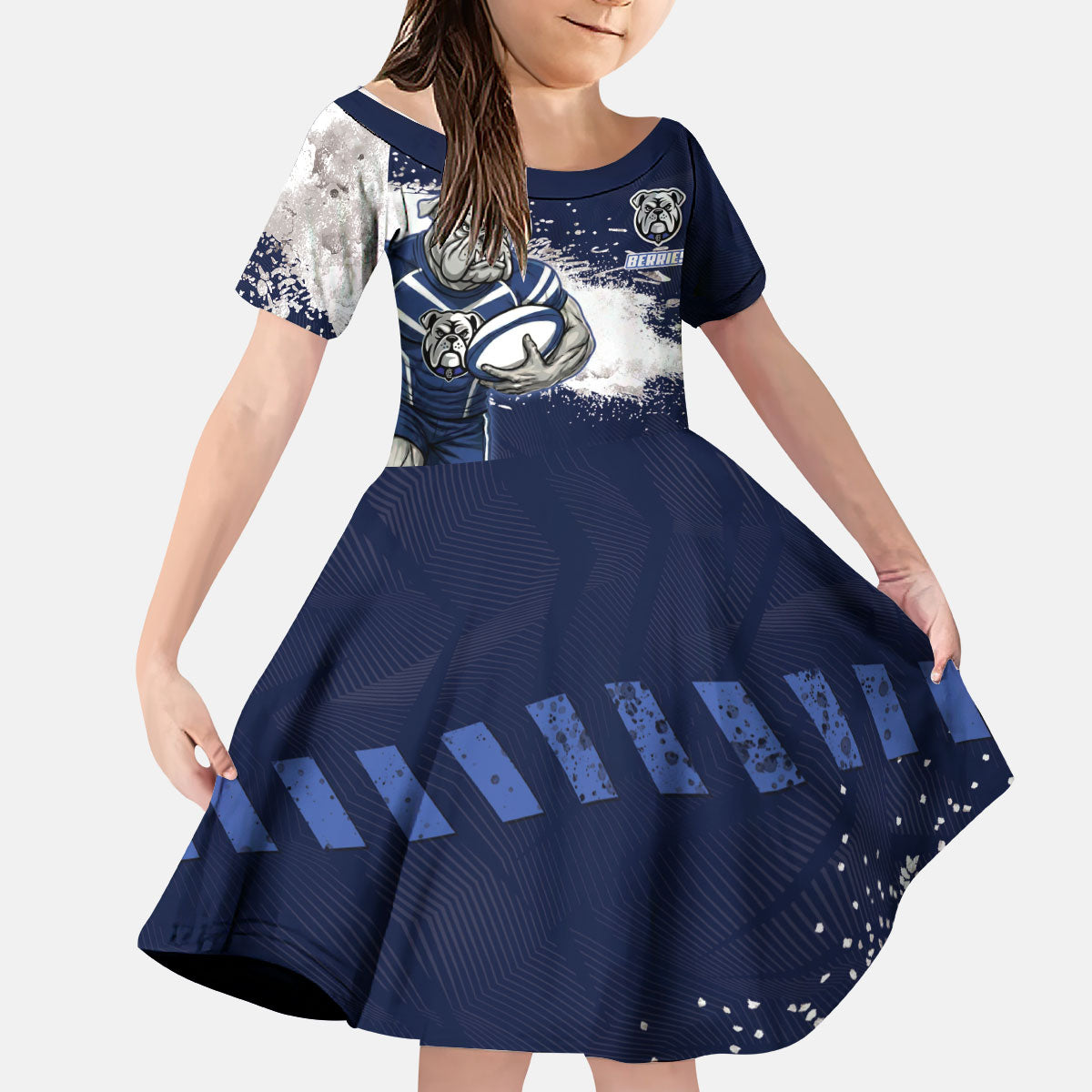 Personalised Canterbury-Bankstown Bulldogs Rugby Kid Short Sleeve Dress Berries Mascot - Sporty Splash Art Style