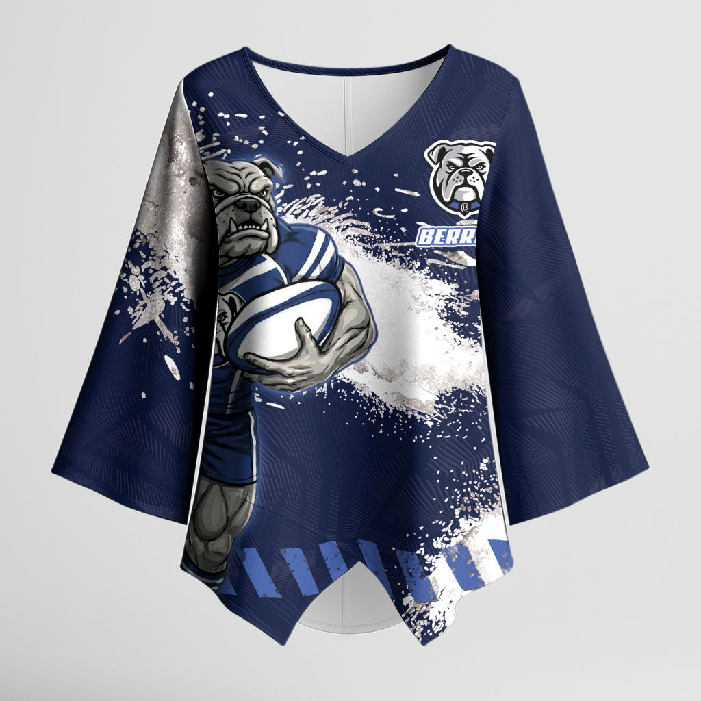 Personalised Canterbury-Bankstown Bulldogs Rugby Kimono Sleeve Blouse Berries Mascot - Sporty Splash Art Style
