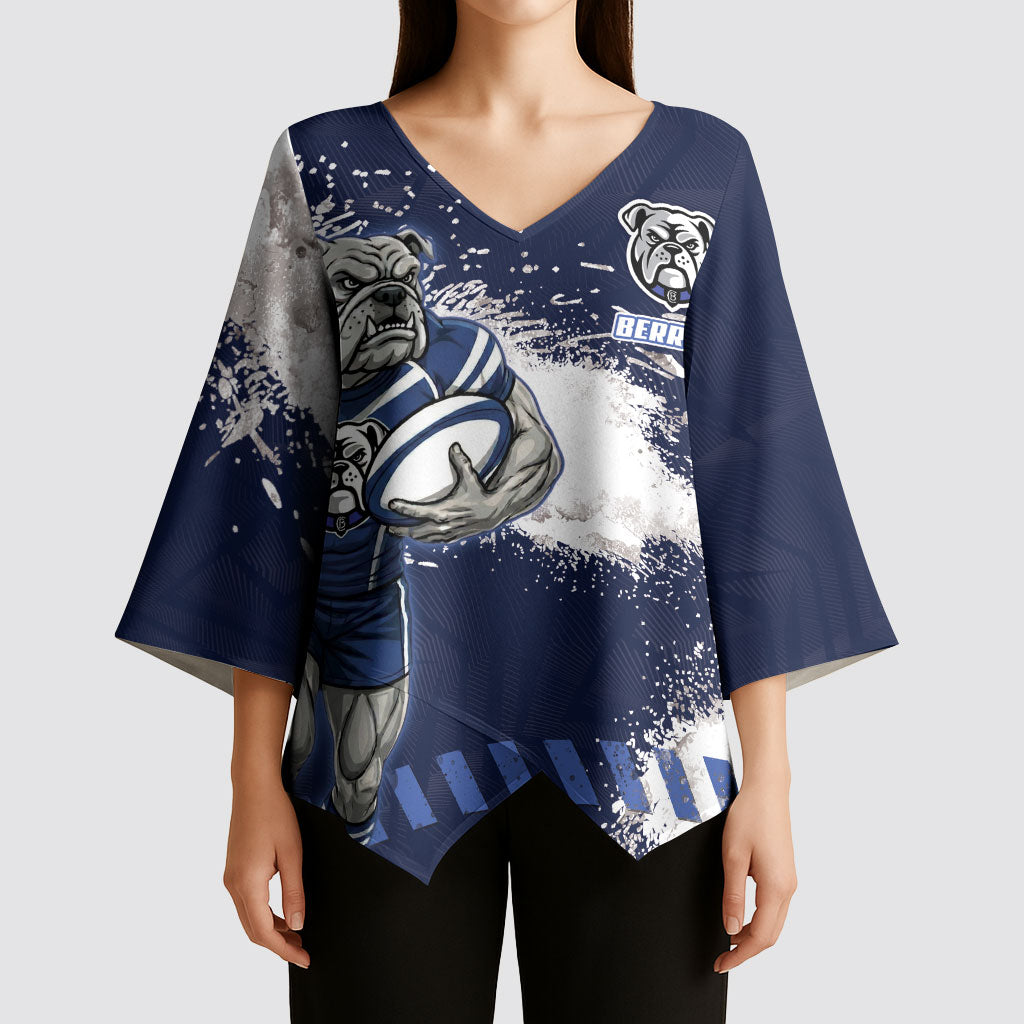 Personalised Canterbury-Bankstown Bulldogs Rugby Kimono Sleeve Blouse Berries Mascot - Sporty Splash Art Style