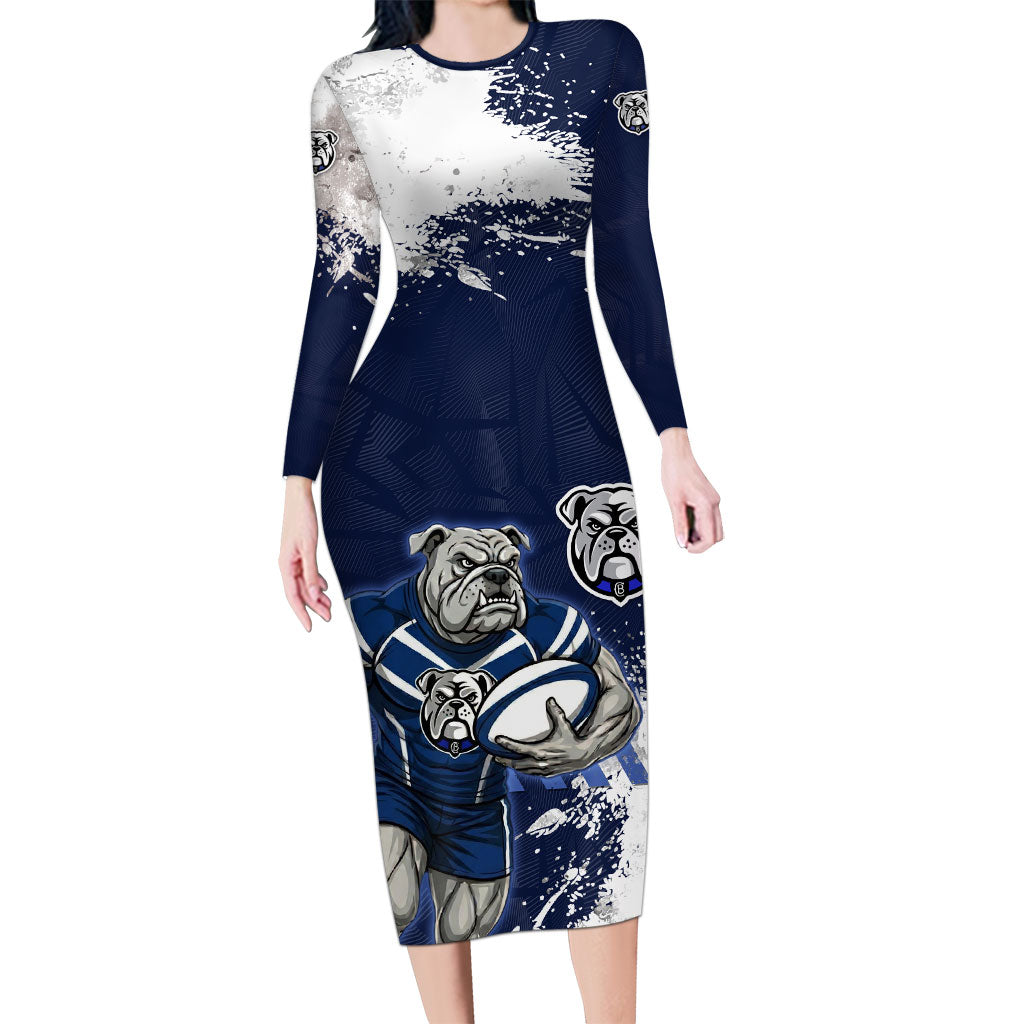 Personalised Canterbury-Bankstown Bulldogs Rugby Long Sleeve Bodycon Dress Berries Mascot - Sporty Splash Art Style