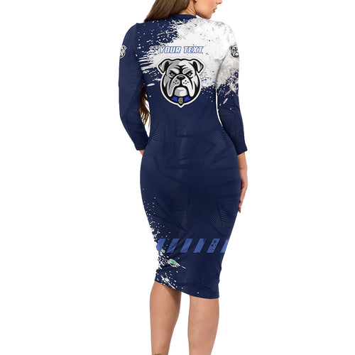 Personalised Canterbury-Bankstown Bulldogs Rugby Long Sleeve Bodycon Dress Berries Mascot - Sporty Splash Art Style