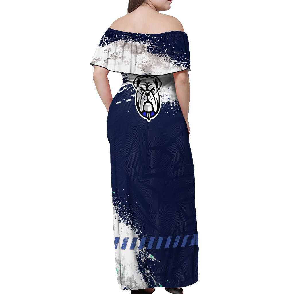 Personalised Canterbury-Bankstown Bulldogs Rugby Off Shoulder Maxi Dress Berries Mascot - Sporty Splash Art Style