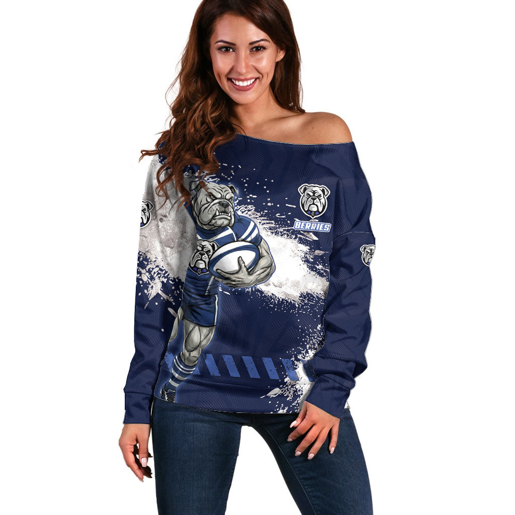 Personalised Canterbury-Bankstown Bulldogs Rugby Off Shoulder Sweater Berries Mascot - Sporty Splash Art Style