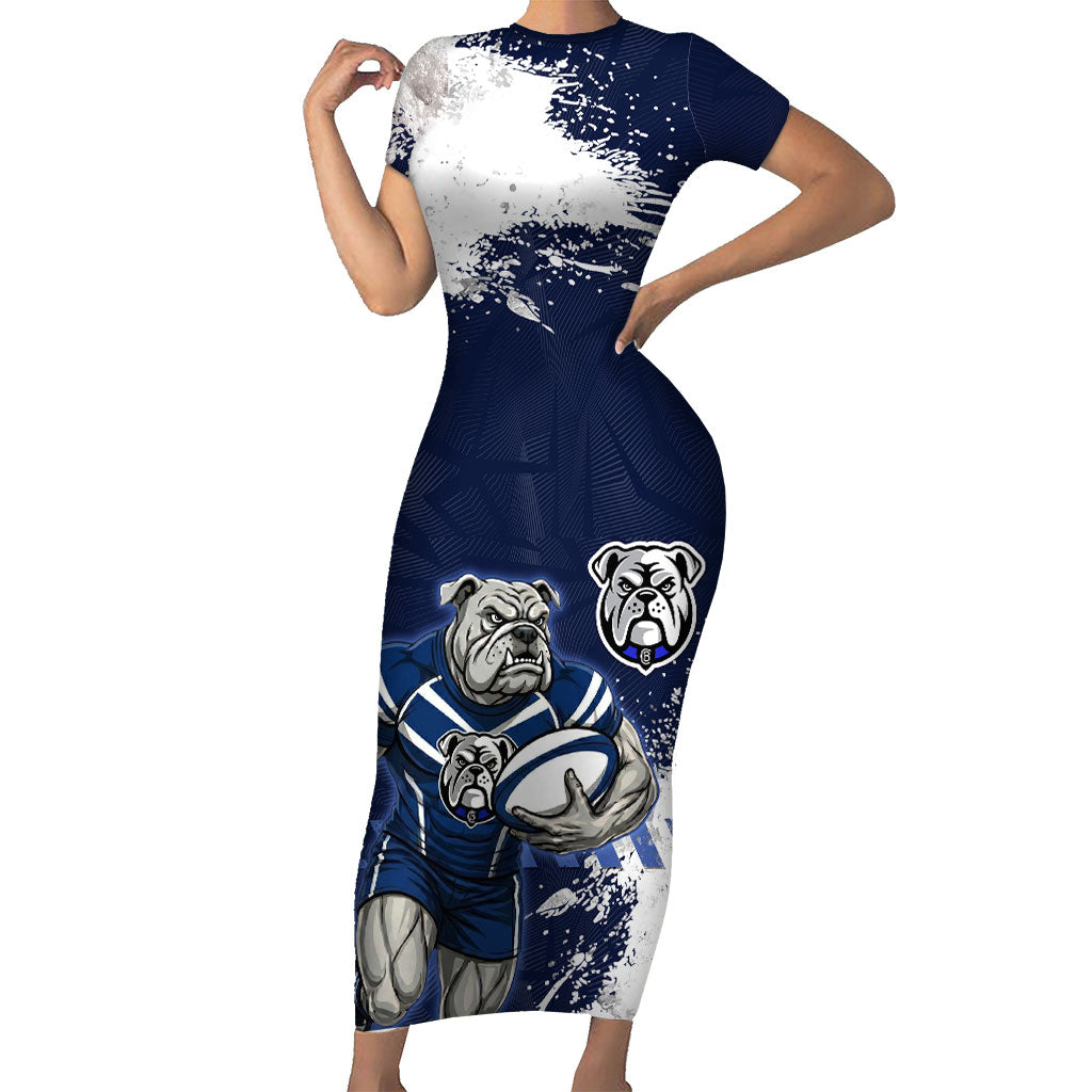 Personalised Canterbury-Bankstown Bulldogs Rugby Short Sleeve Bodycon Dress Berries Mascot - Sporty Splash Art Style
