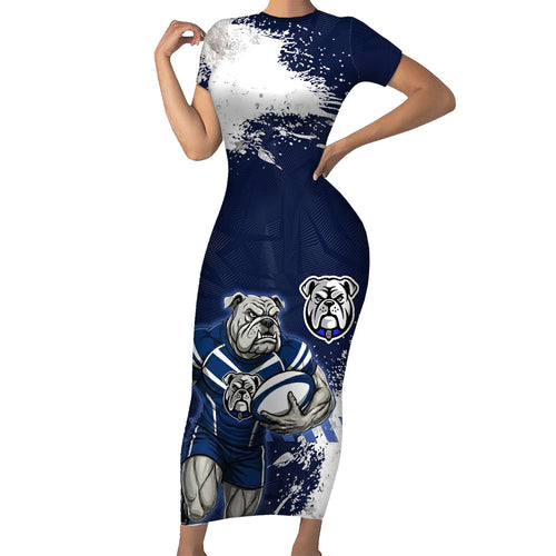 Personalised Canterbury-Bankstown Bulldogs Rugby Short Sleeve Bodycon Dress Berries Mascot - Sporty Splash Art Style