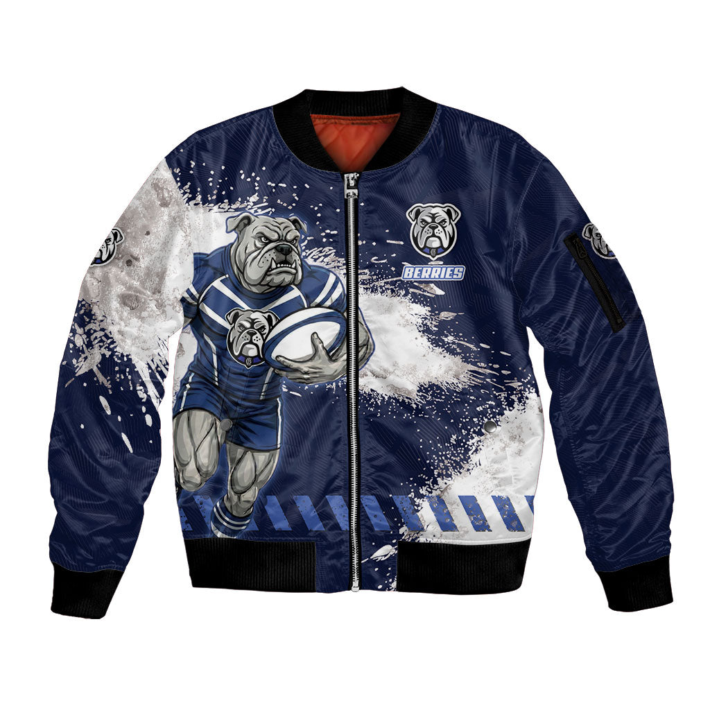 Personalised Canterbury-Bankstown Bulldogs Rugby Sleeve Zip Bomber Jacket Berries Mascot - Sporty Splash Art Style