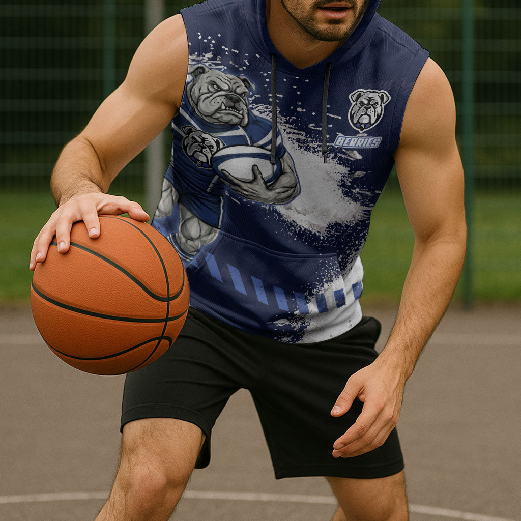 Personalised Canterbury-Bankstown Bulldogs Rugby Sleeveless Hoodie Berries Mascot - Sporty Splash Art Style