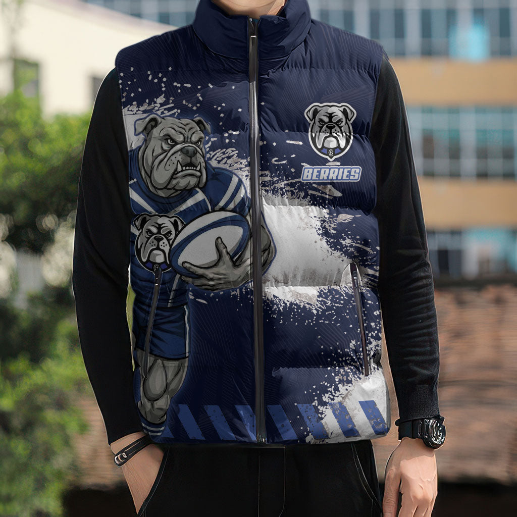 Personalised Canterbury-Bankstown Bulldogs Rugby Sleeveless Puffer Jacket Berries Mascot - Sporty Splash Art Style