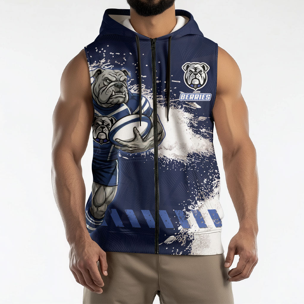 Personalised Canterbury-Bankstown Bulldogs Rugby Sleeveless Zip Hoodie Berries Mascot - Sporty Splash Art Style