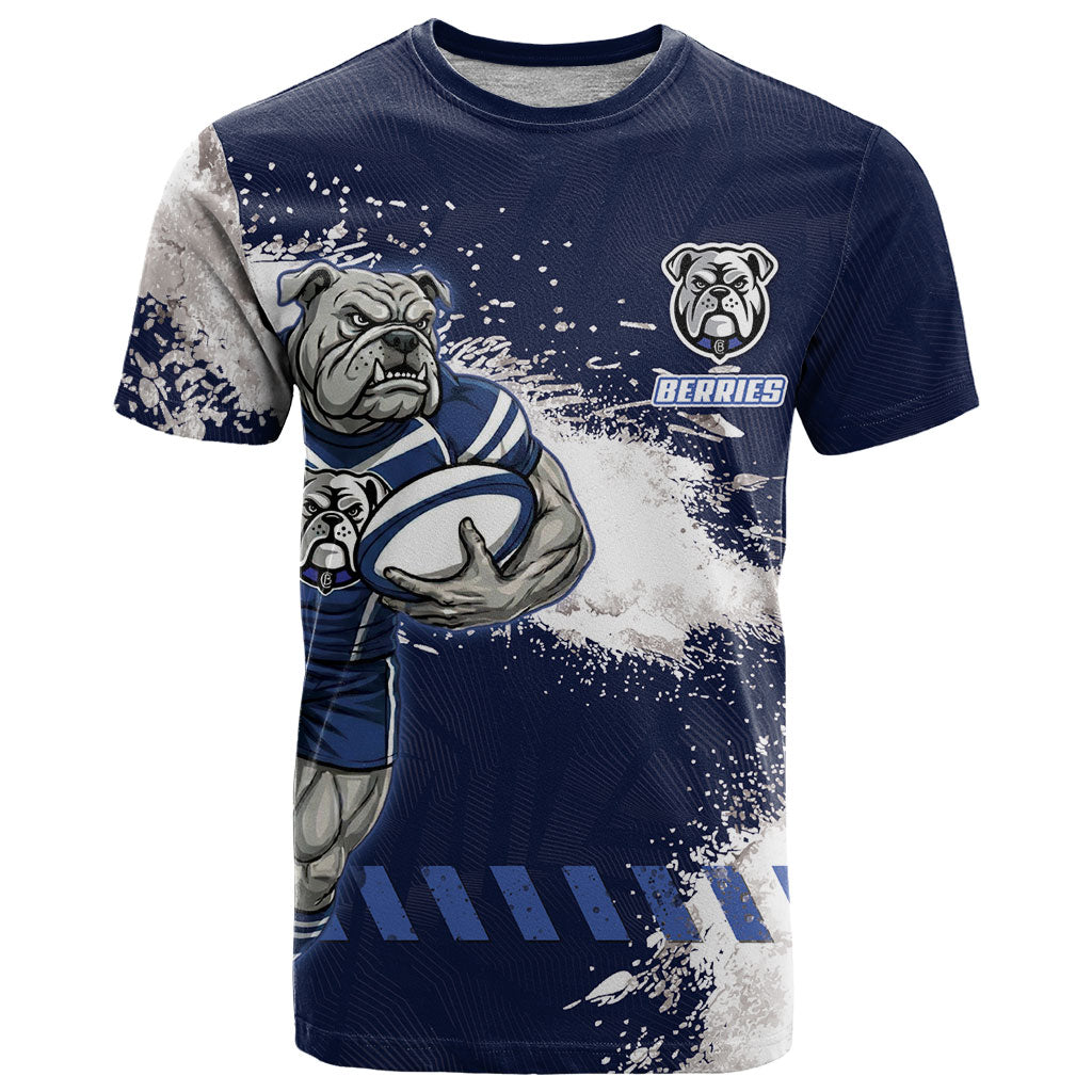 Personalised Canterbury-Bankstown Bulldogs Rugby T Shirt Berries Mascot - Sporty Splash Art Style