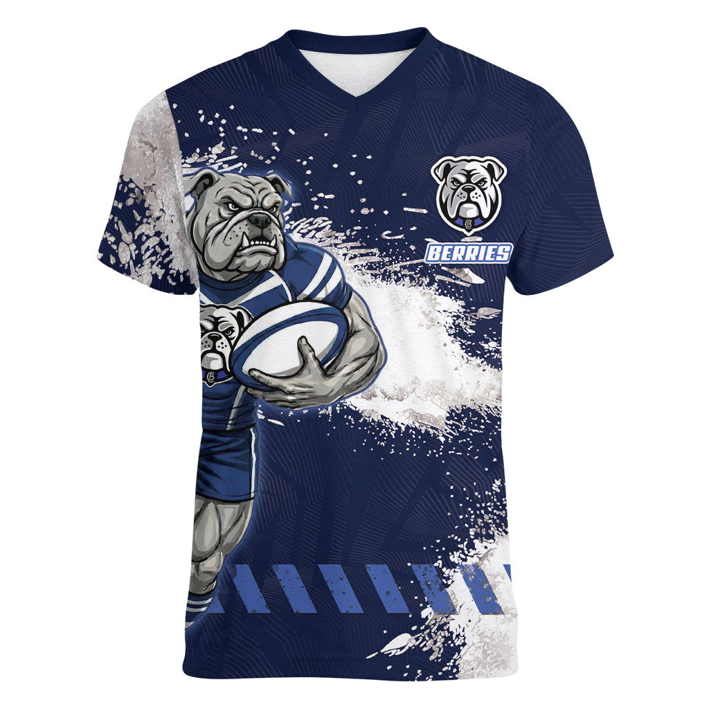 Personalised Canterbury-Bankstown Bulldogs Rugby Women V-Neck T-Shirt Berries Mascot - Sporty Splash Art Style