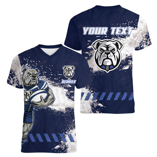 Personalised Canterbury-Bankstown Bulldogs Rugby Women V-Neck T-Shirt Berries Mascot - Sporty Splash Art Style