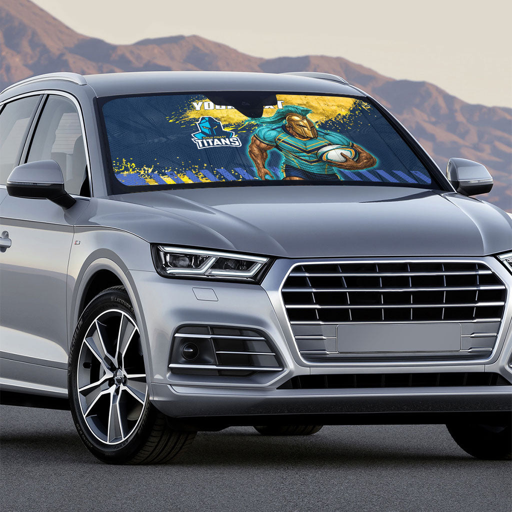 Personalised Gold Coast Titans Rugby Auto Sun Shade Titans Mascot - Sporty Splash Art Style