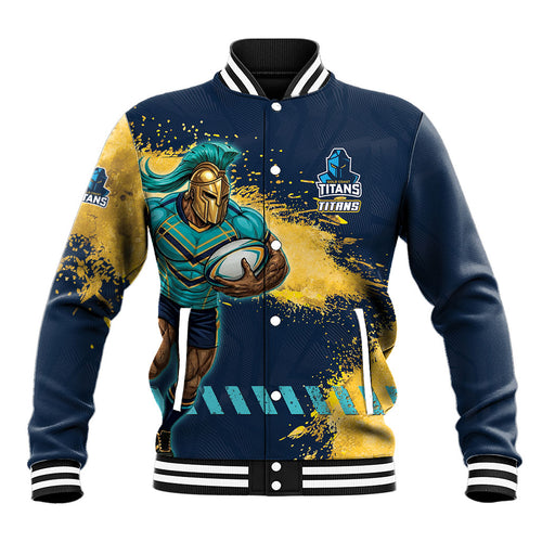 Personalised Gold Coast Titans Rugby Baseball Jacket Titans Mascot - Sporty Splash Art Style