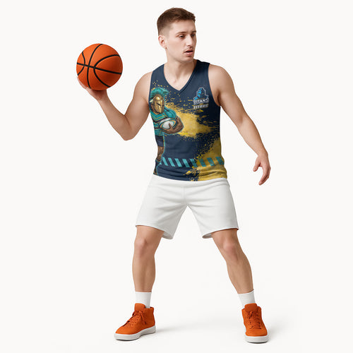 Personalised Gold Coast Titans Rugby Basketball Jersey Titans Mascot - Sporty Splash Art Style