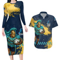 Personalised Gold Coast Titans Rugby Couples Matching Long Sleeve Bodycon Dress and Hawaiian Shirt Titans Mascot - Sporty Splash Art Style