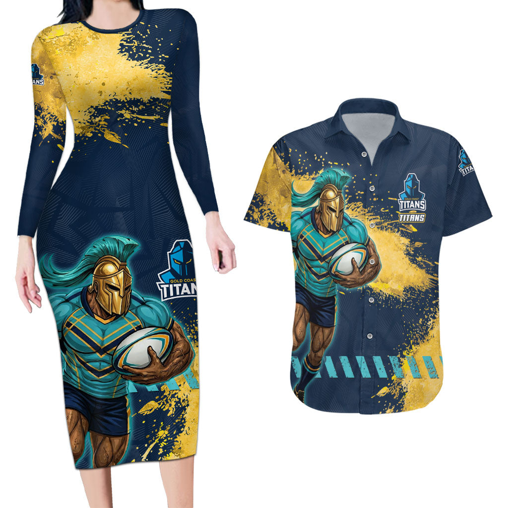 Personalised Gold Coast Titans Rugby Couples Matching Long Sleeve Bodycon Dress and Hawaiian Shirt Titans Mascot - Sporty Splash Art Style