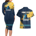 Personalised Gold Coast Titans Rugby Couples Matching Long Sleeve Bodycon Dress and Hawaiian Shirt Titans Mascot - Sporty Splash Art Style