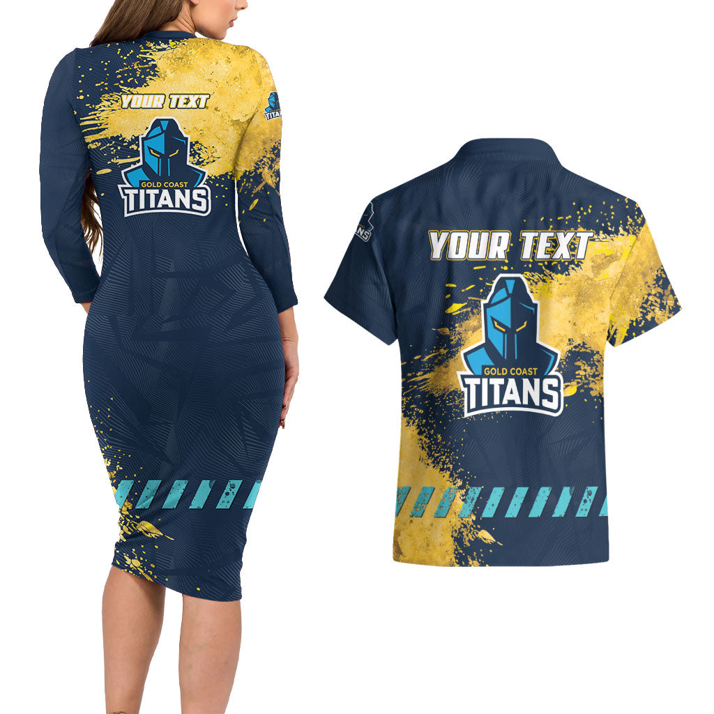 Personalised Gold Coast Titans Rugby Couples Matching Long Sleeve Bodycon Dress and Hawaiian Shirt Titans Mascot - Sporty Splash Art Style