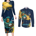 Personalised Gold Coast Titans Rugby Couples Matching Long Sleeve Bodycon Dress and Long Sleeve Button Shirt Titans Mascot - Sporty Splash Art Style