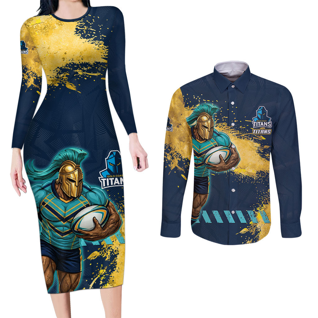 Personalised Gold Coast Titans Rugby Couples Matching Long Sleeve Bodycon Dress and Long Sleeve Button Shirt Titans Mascot - Sporty Splash Art Style