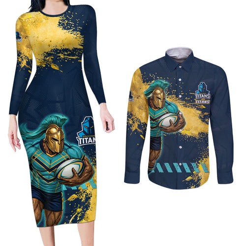 Personalised Gold Coast Titans Rugby Couples Matching Long Sleeve Bodycon Dress and Long Sleeve Button Shirt Titans Mascot - Sporty Splash Art Style